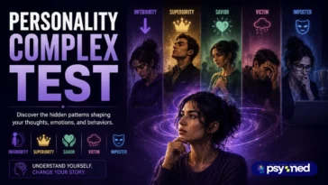 Personality Complex Test featured image showing inferiority, superiority, savior, victim, and imposter complexes surrounding a person in self-reflection