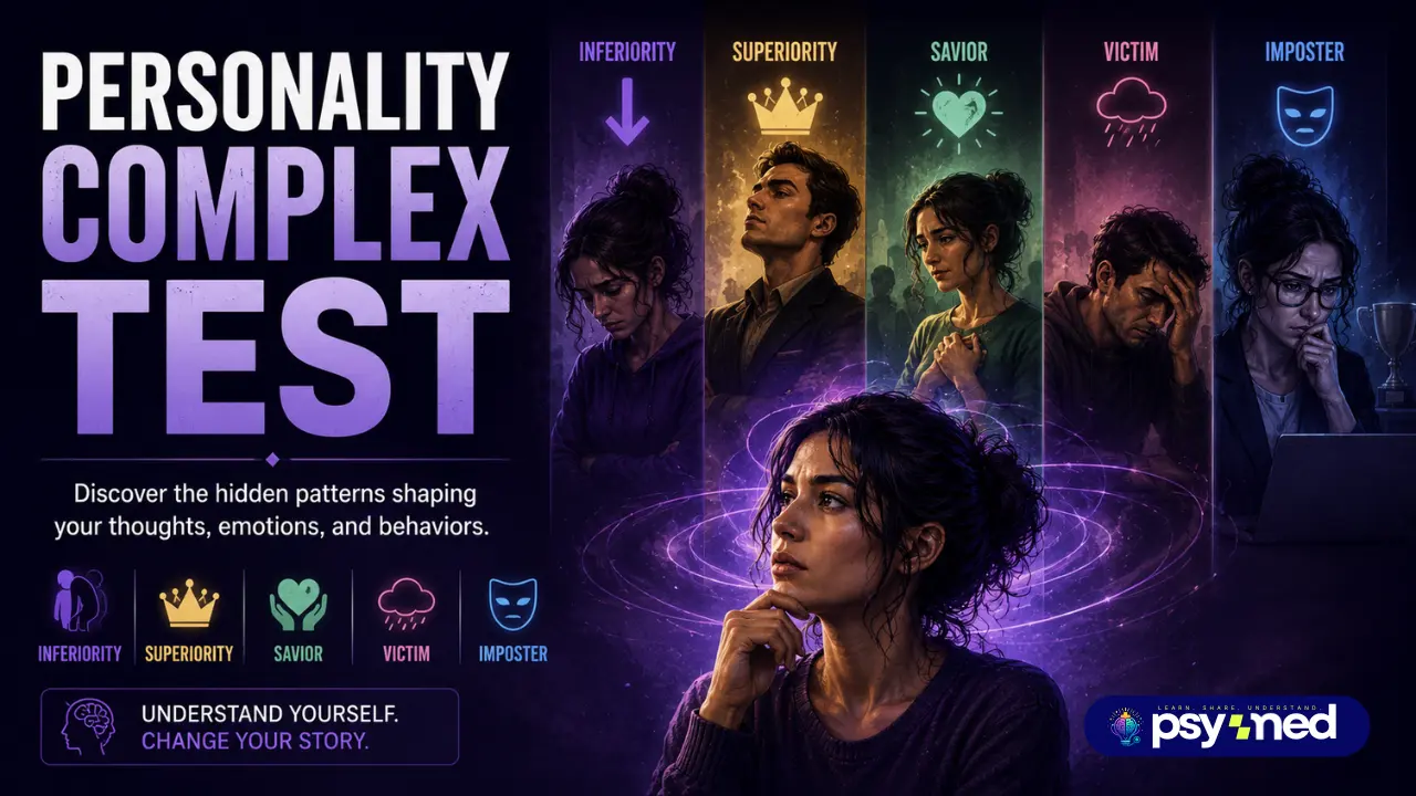 Personality Complex Test featured image showing inferiority, superiority, savior, victim, and imposter complexes surrounding a person in self-reflection