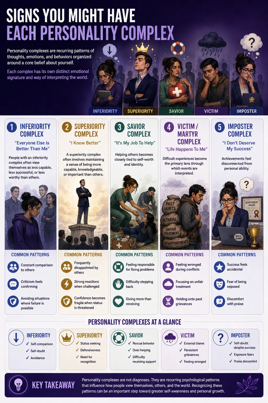 Personality complexes infographic comparing inferiority, superiority, savior, victim, and imposter complexes, highlighting common thought patterns, behaviors, and emotional experiences.