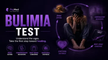 Featured image for a Bulimia Test showing a distressed woman surrounded by symbols of binge eating, compensatory behaviors, body image concerns, and emotional distress, highlighting the cycle of bulimia.
