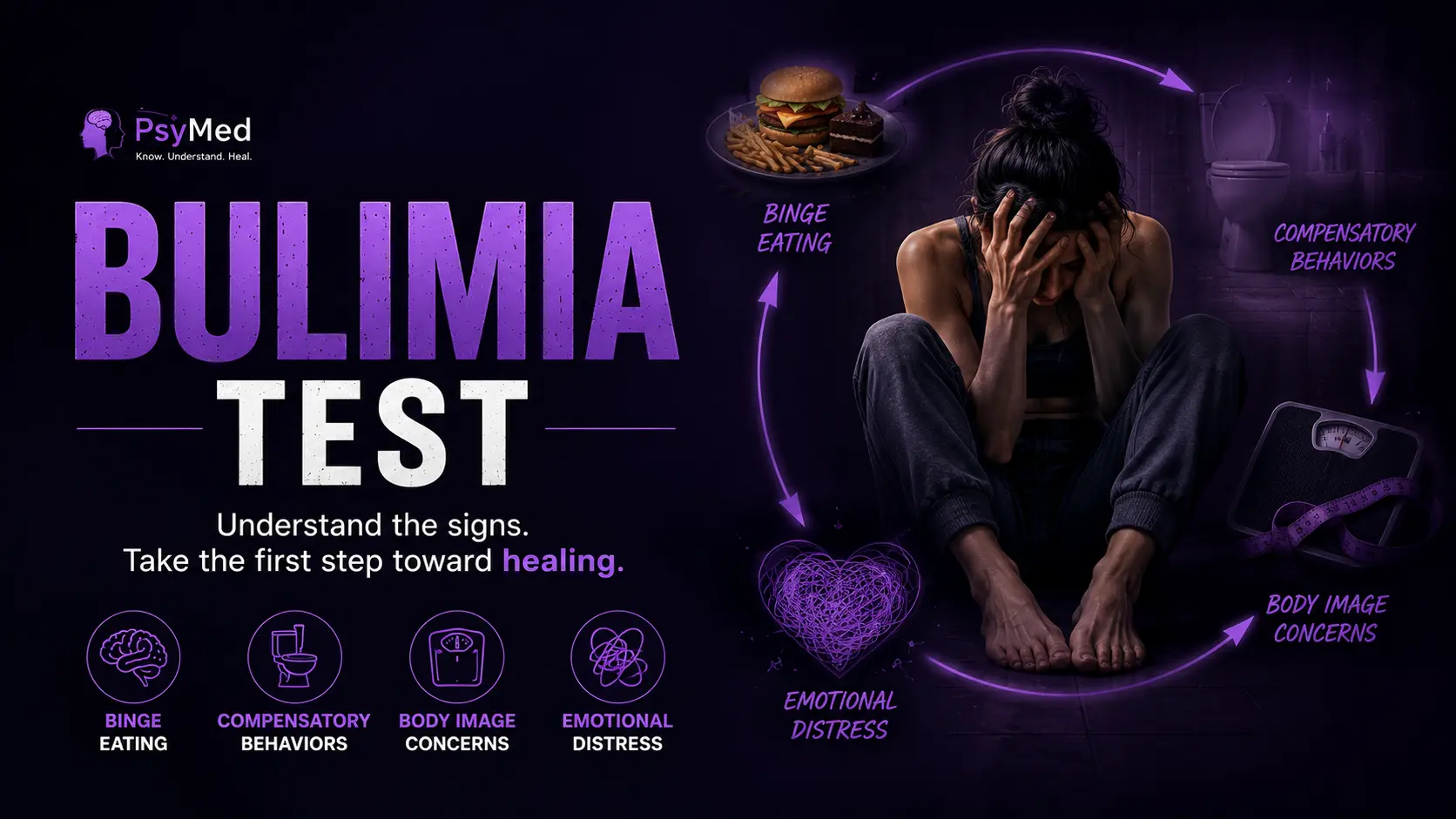 Featured image for a Bulimia Test showing a distressed woman surrounded by symbols of binge eating, compensatory behaviors, body image concerns, and emotional distress, highlighting the cycle of bulimia.