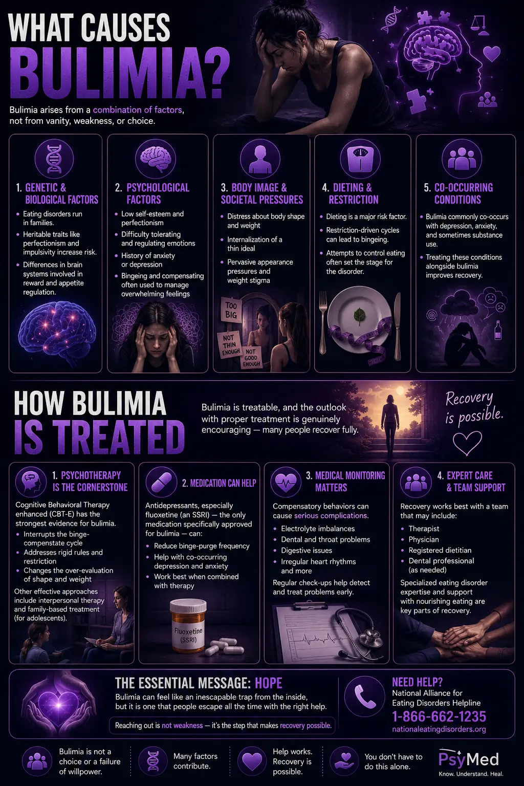 Infographic explaining the causes of bulimia and evidence-based treatments, including genetic, psychological, and social risk factors, CBT-E, medication, medical care, and the message that recovery is possible with professional support.