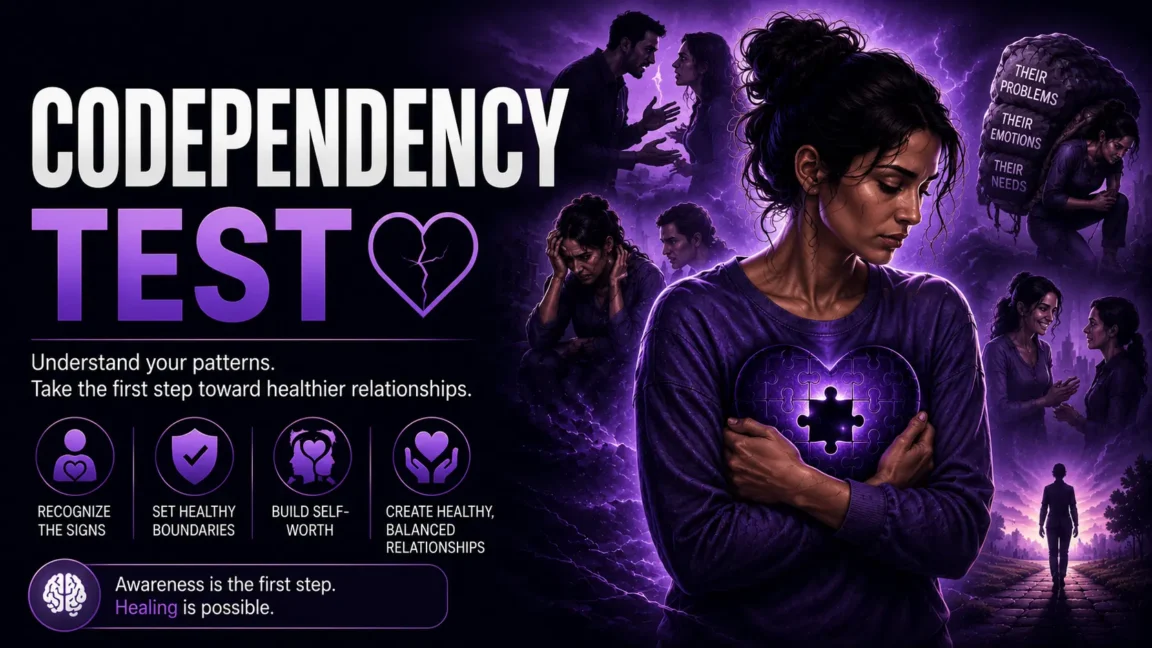 Featured image for a Codependency Test showing a woman holding a glowing heart-shaped puzzle, surrounded by scenes of emotional caregiving, unhealthy relationship patterns, and themes of healing, boundaries, and self-worth.