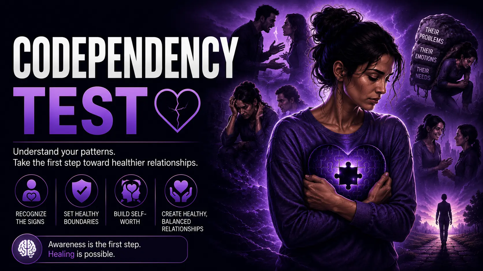 Featured image for a Codependency Test showing a woman holding a glowing heart-shaped puzzle, surrounded by scenes of emotional caregiving, unhealthy relationship patterns, and themes of healing, boundaries, and self-worth.