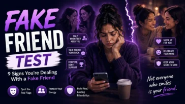 Fake Friend Test infographic showing signs of a one-sided friendship, including lack of support, gossip, competition, unreliability, and difficulty trusting the friend