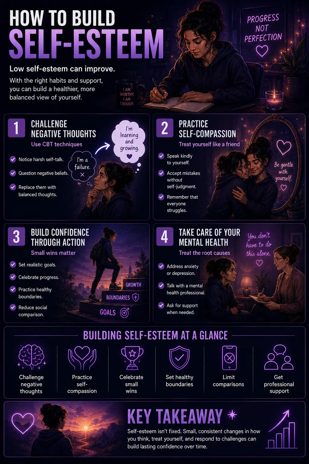 Infographic titled "How to Build Self-Esteem" outlining four evidence-based ways to improve self-worth: challenging negative thoughts with CBT, practicing self-compassion, building confidence through small actions, and caring for mental health. The infographic includes a summary of healthy self-esteem habits and a key takeaway that self-esteem can grow with consistent practice and support.
