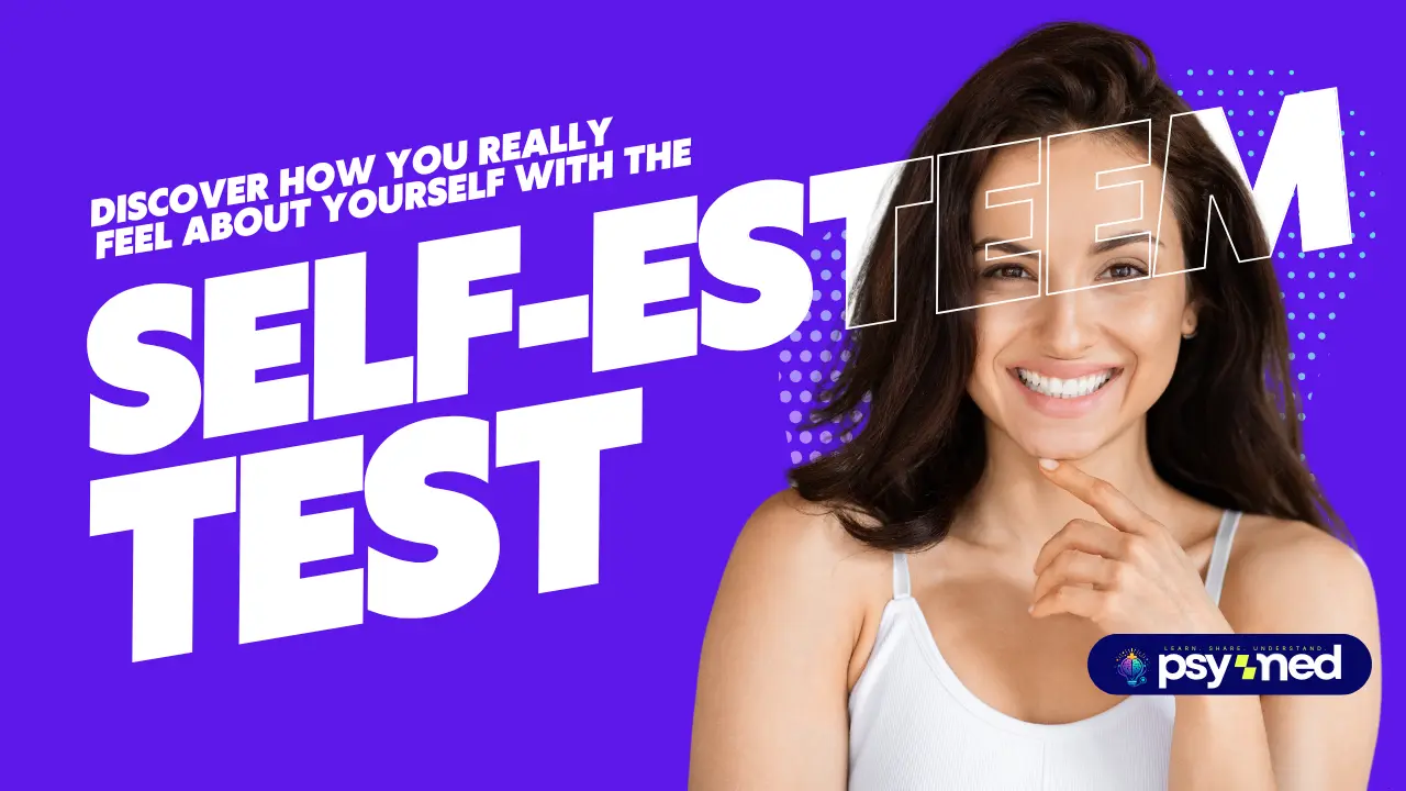 Self-Esteem Test featured image with bold white text on a purple background and a smiling woman touching her chin, symbolizing confidence and self-worth. The design encourages users to discover how they truly feel about themselves.
