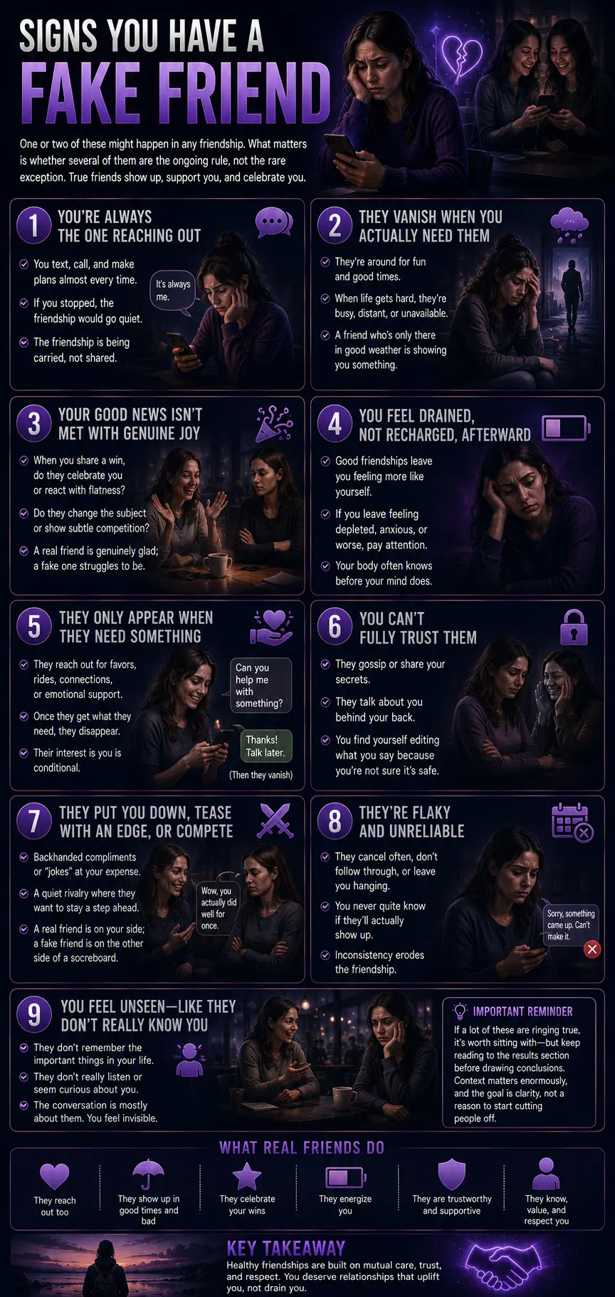 Infographic showing nine signs of a fake or one-sided friendship, including lack of effort, poor support, envy, broken trust, criticism, unreliability, and feeling unseen, with a reminder of what healthy friendships look like