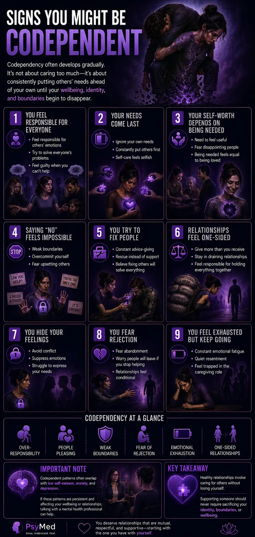 Infographic outlining the common signs of codependency, including people-pleasing, weak boundaries, emotional exhaustion, fear of rejection, one-sided relationships, and neglecting your own needs while prioritizing others.