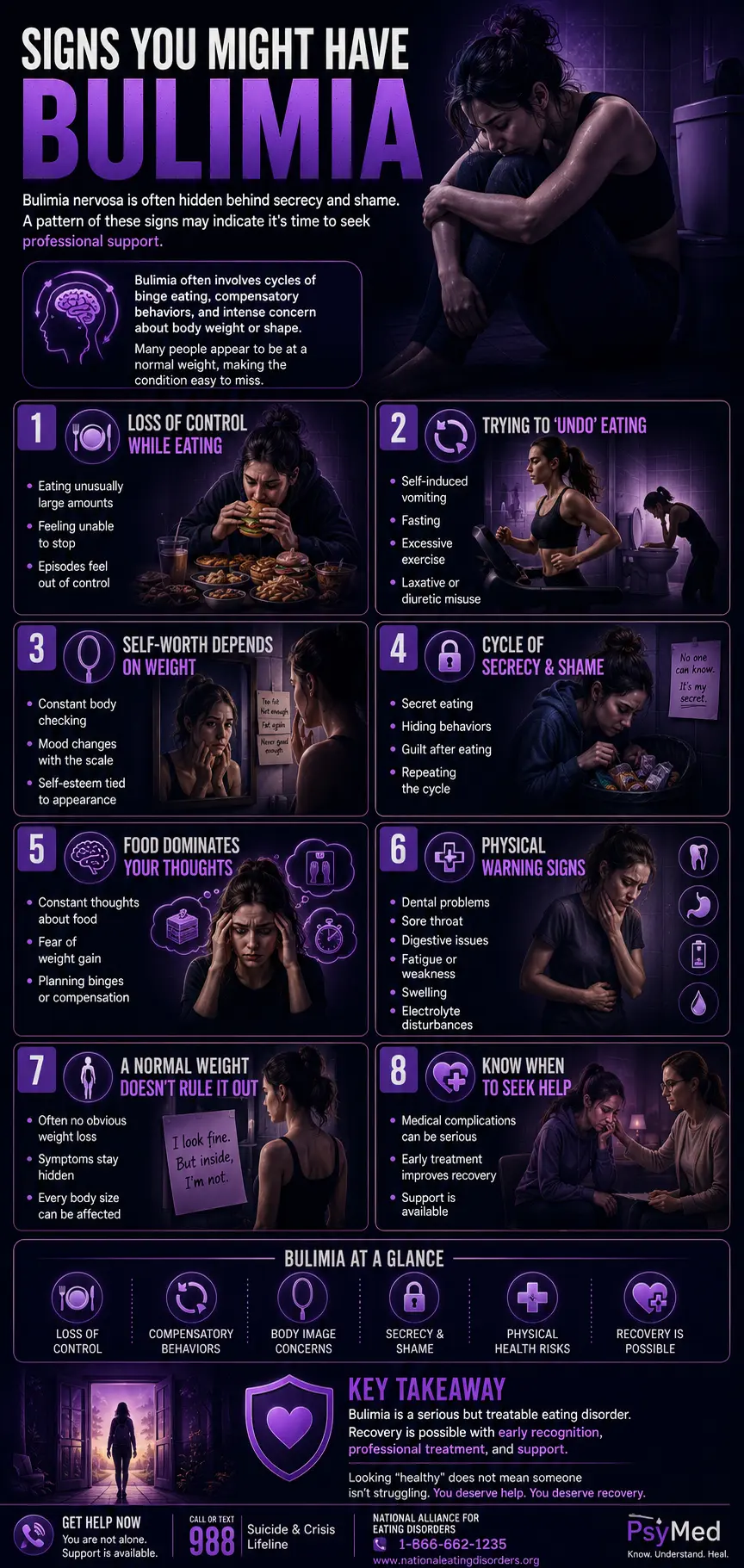 Infographic explaining the signs of bulimia, including binge eating, compensatory behaviors, body image concerns, secrecy and shame, physical warning signs, and when to seek professional help.