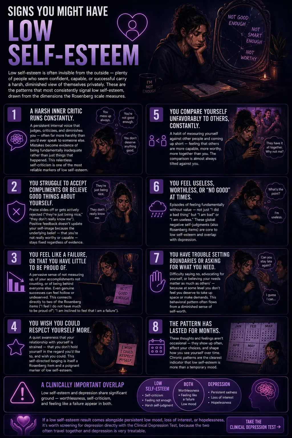 Infographic showing 8 signs of low self-esteem, including self-criticism, rejecting compliments, feeling like a failure, comparing yourself to others, worthlessness, poor boundaries, and long-term negative self-beliefs, with a note on its overlap with depression.