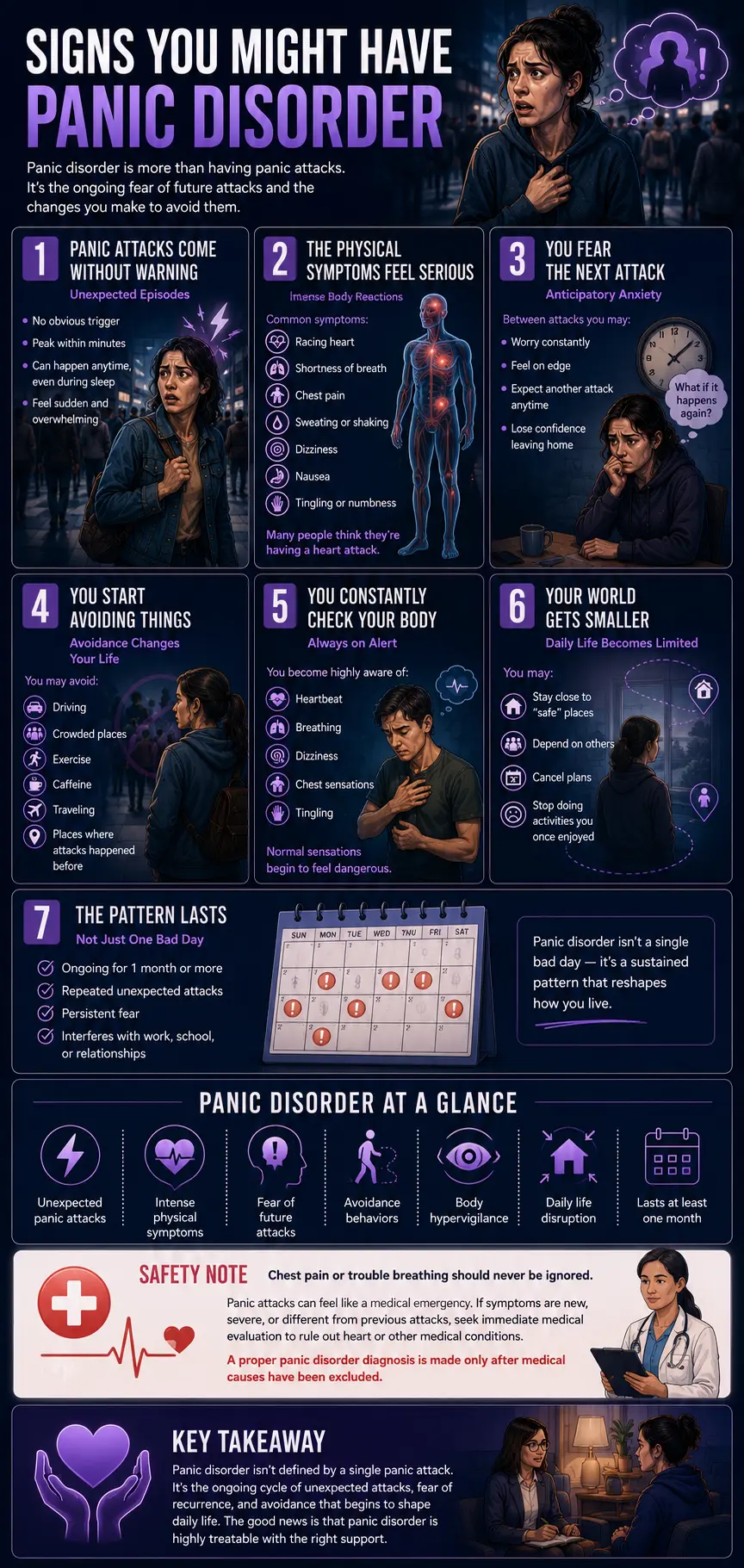 Infographic outlining the signs of panic disorder, including unexpected panic attacks, intense physical symptoms, fear of future attacks, avoidance behaviors, body hypervigilance, daily life disruption, and guidance on when to seek medical evaluation