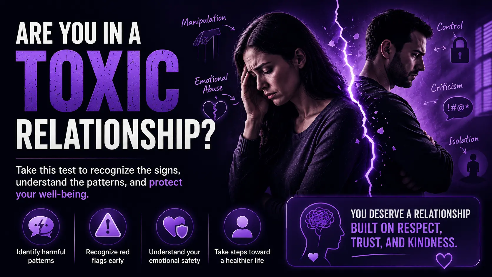 Featured image for a Toxic Relationship Quiz showing a distressed couple separated by a crack, with symbols of manipulation, control, criticism, and emotional abuse.