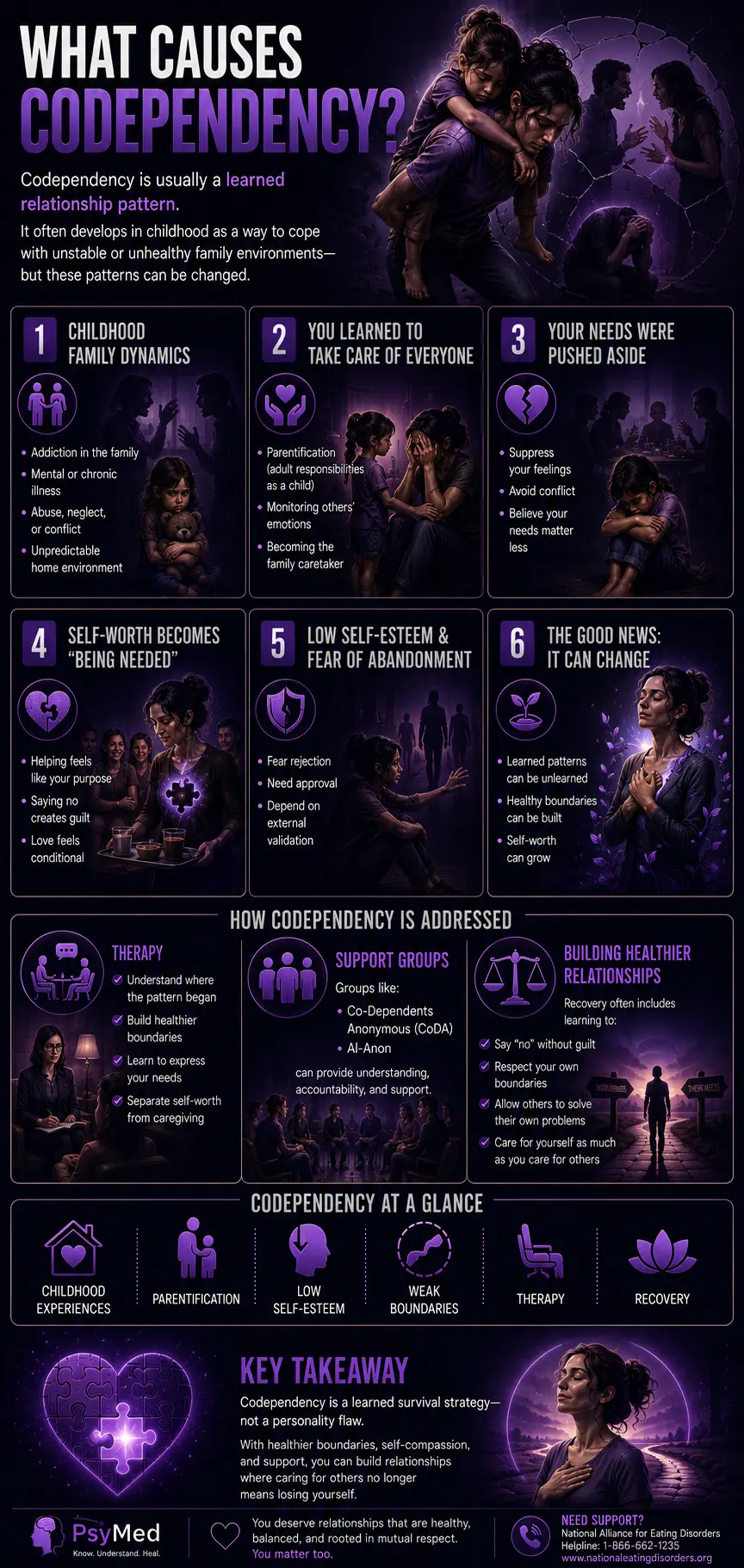 Infographic explaining what codependency is, its core traits, history, and key characteristics, including excessive caretaking, people-pleasing, weak boundaries, loss of identity, and why it is not an official mental health diagnosis.