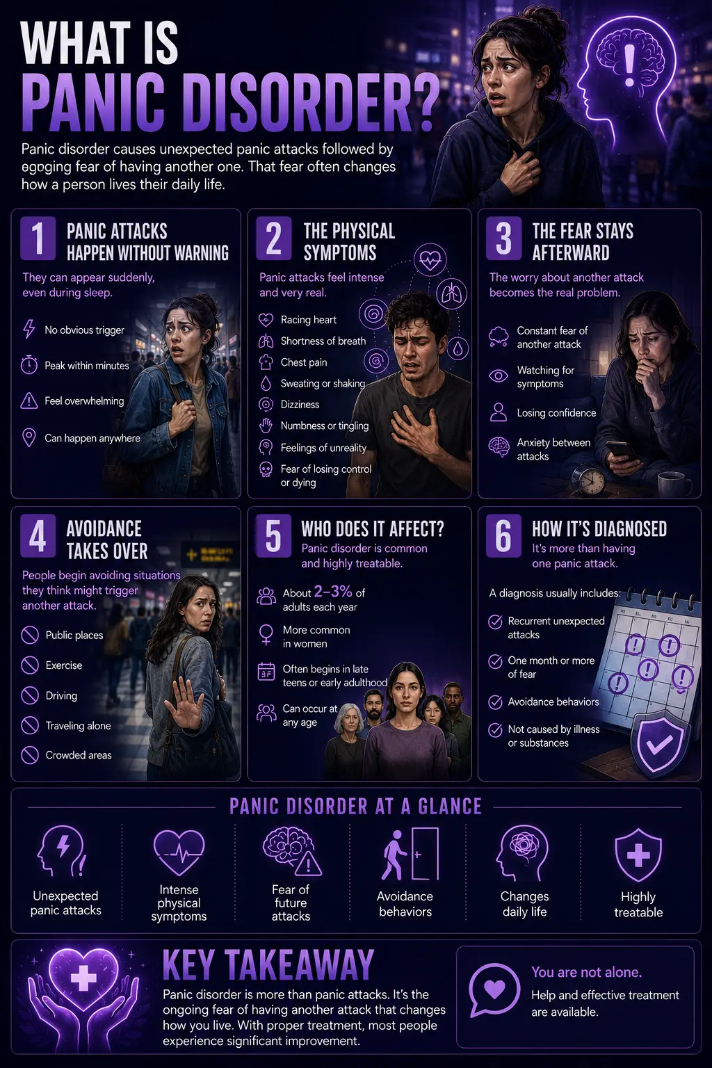 Infographic explaining panic disorder, including what it is, common panic attack symptoms, fear of future attacks, avoidance behaviors, diagnostic criteria, prevalence, and the key message that panic disorder is highly treatable with proper support