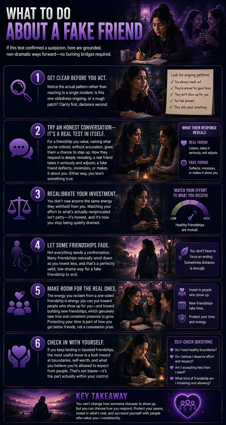 Infographic outlining six ways to handle a fake friendship, including setting boundaries, communicating honestly, reducing effort, and investing in genuine friendships