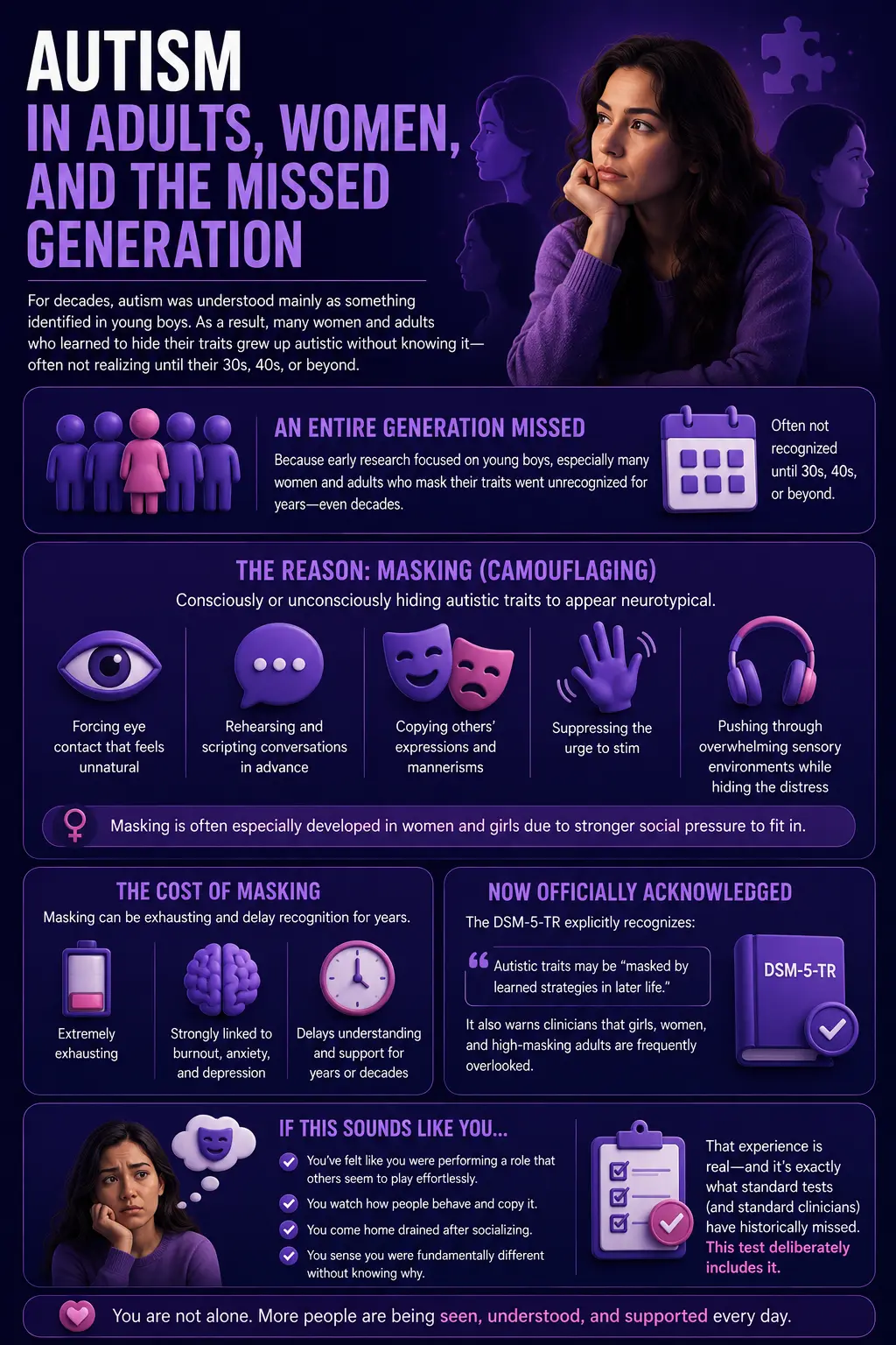 Infographic explaining autism in adults and women, including masking, delayed diagnosis, and overlooked signs