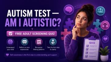 Autism test banner featuring an adult screening quiz, autism traits, and a woman beside a colorful puzzle-brain illustration