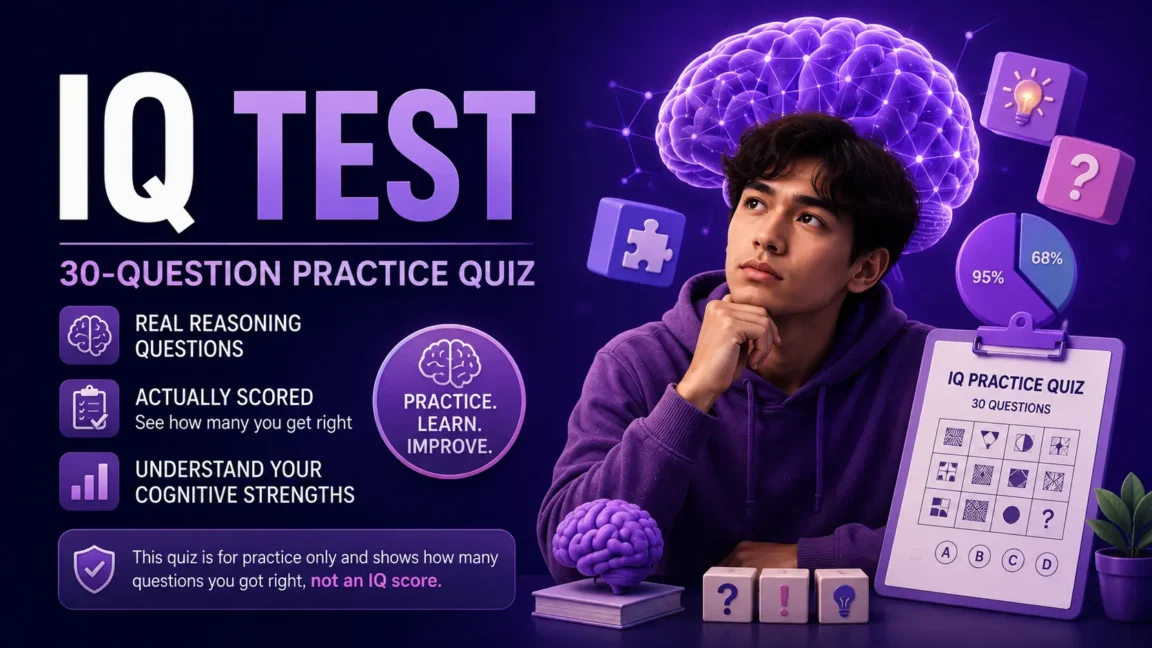 IQ Test graphic featuring a 30-question reasoning quiz