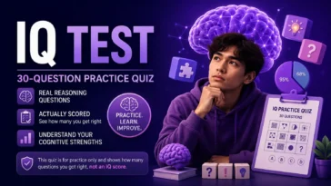IQ Test graphic featuring a 30-question reasoning quiz