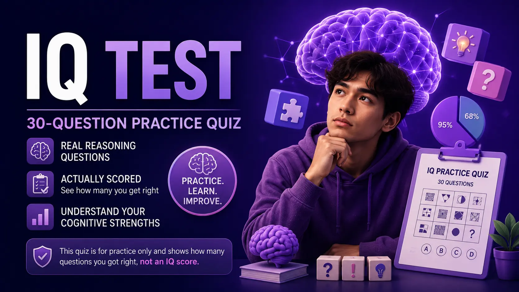 IQ Test graphic featuring a 30-question reasoning quiz