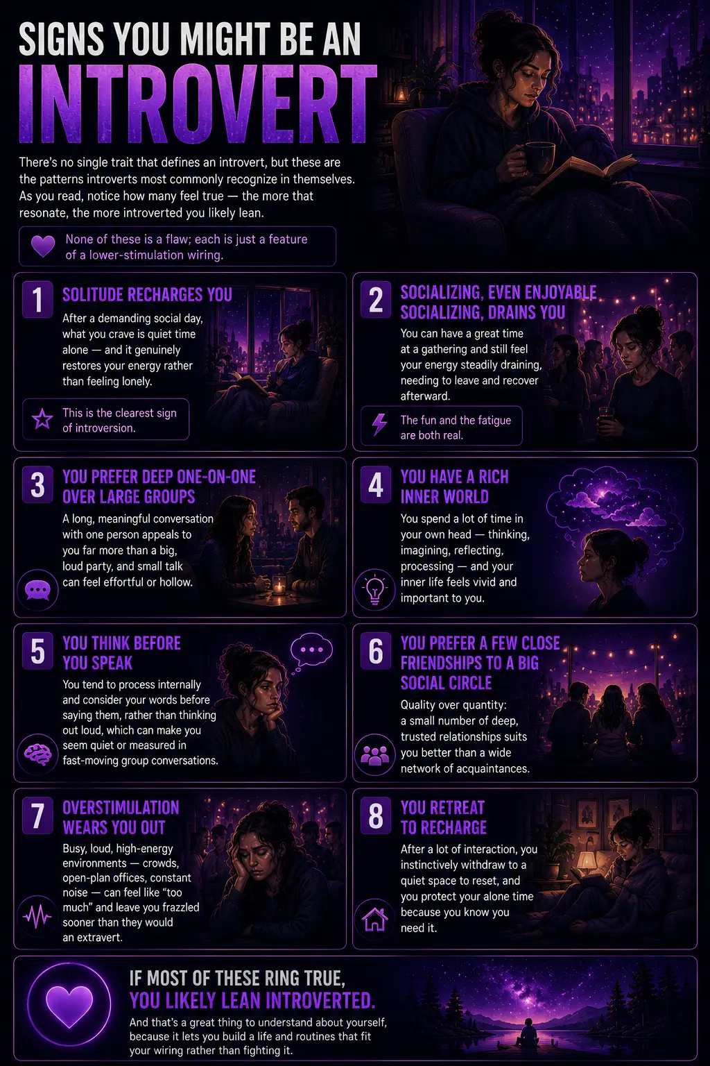 Infographic showing signs you might be an introvert, including solitude, social fatigue, deep thinking, and overstimulation