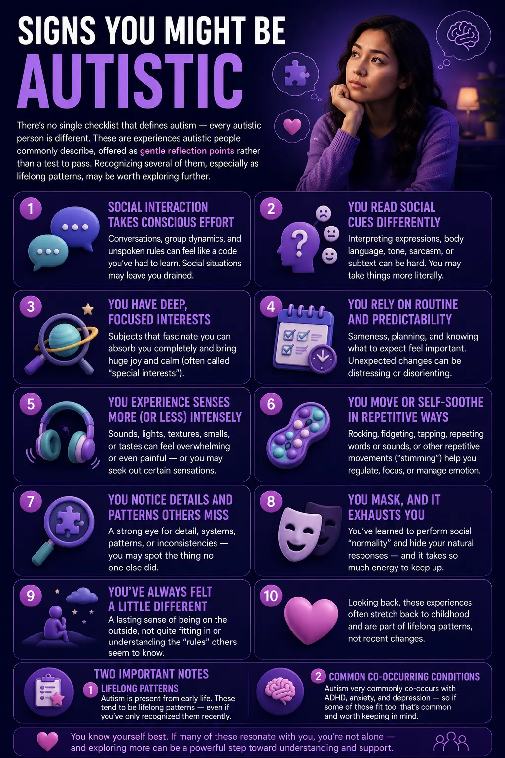 Signs you might be autistic, including social, sensory, routine, and masking traits