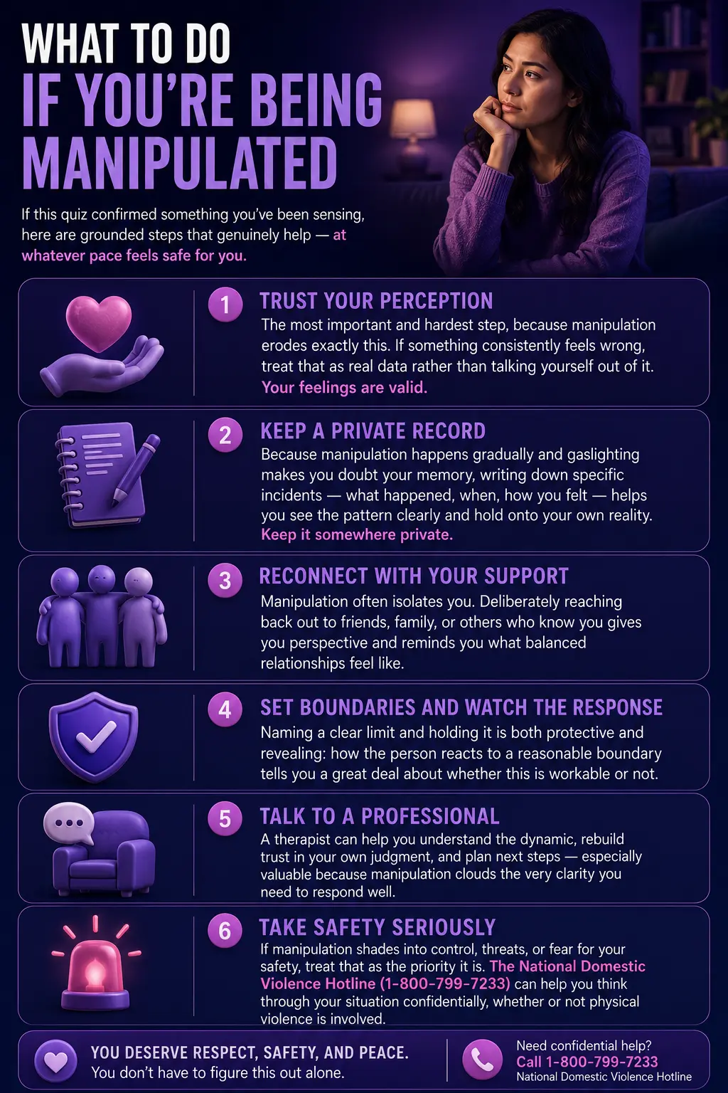 Steps for responding to manipulation, including trusting yourself, keeping records, setting boundaries, seeking support, and prioritizing safety