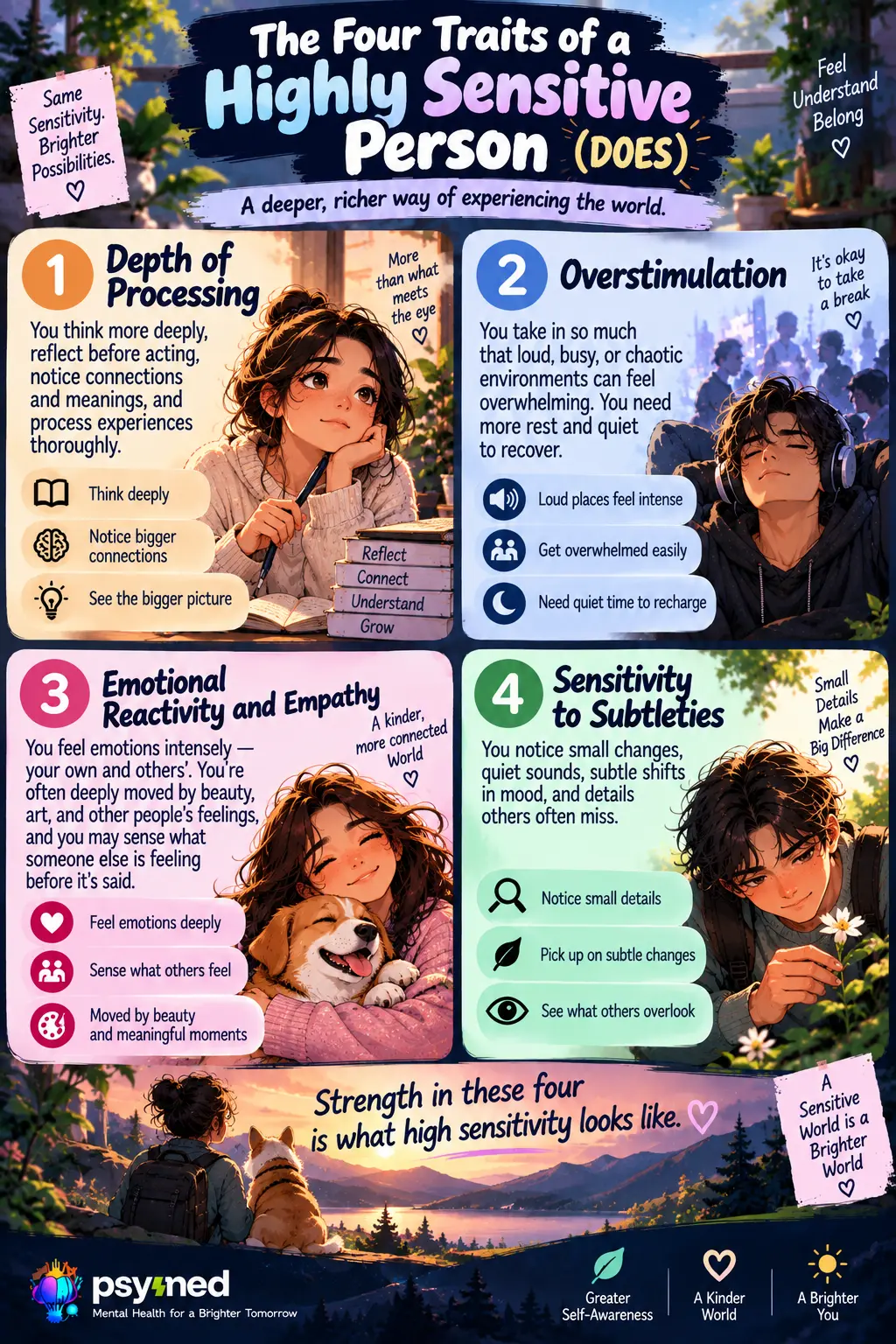 Four traits of a highly sensitive person: deep processing, overstimulation, emotional empathy, and sensitivity to subtle details