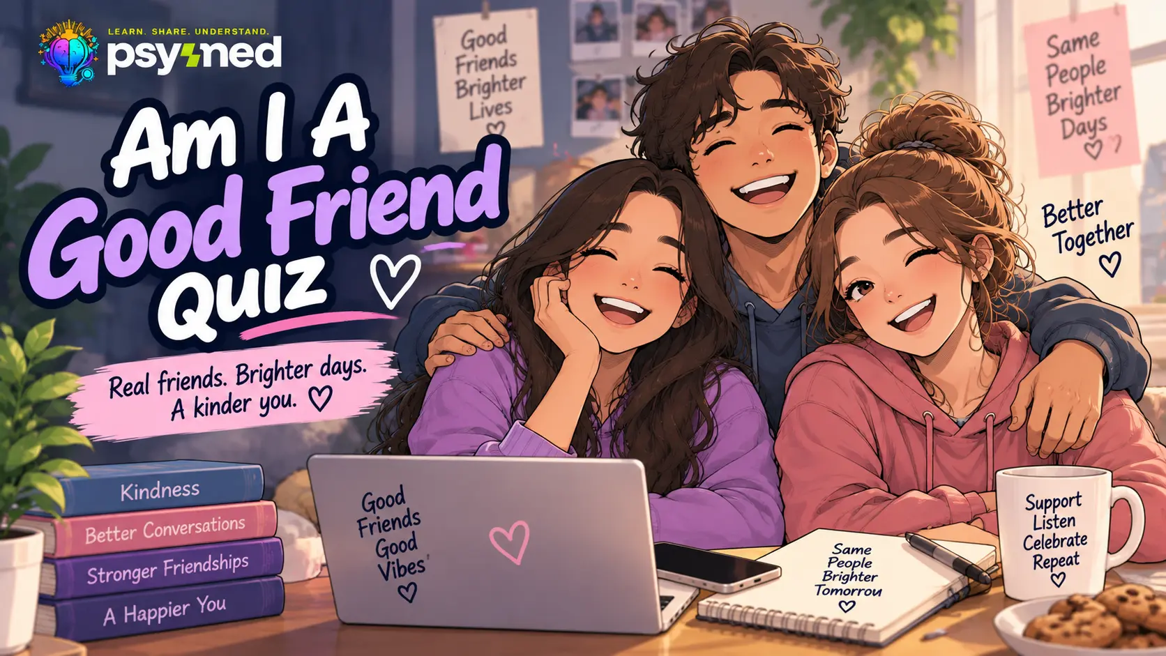 Am I A Good Friend Quiz illustration showing three friends spending time together and supporting each other