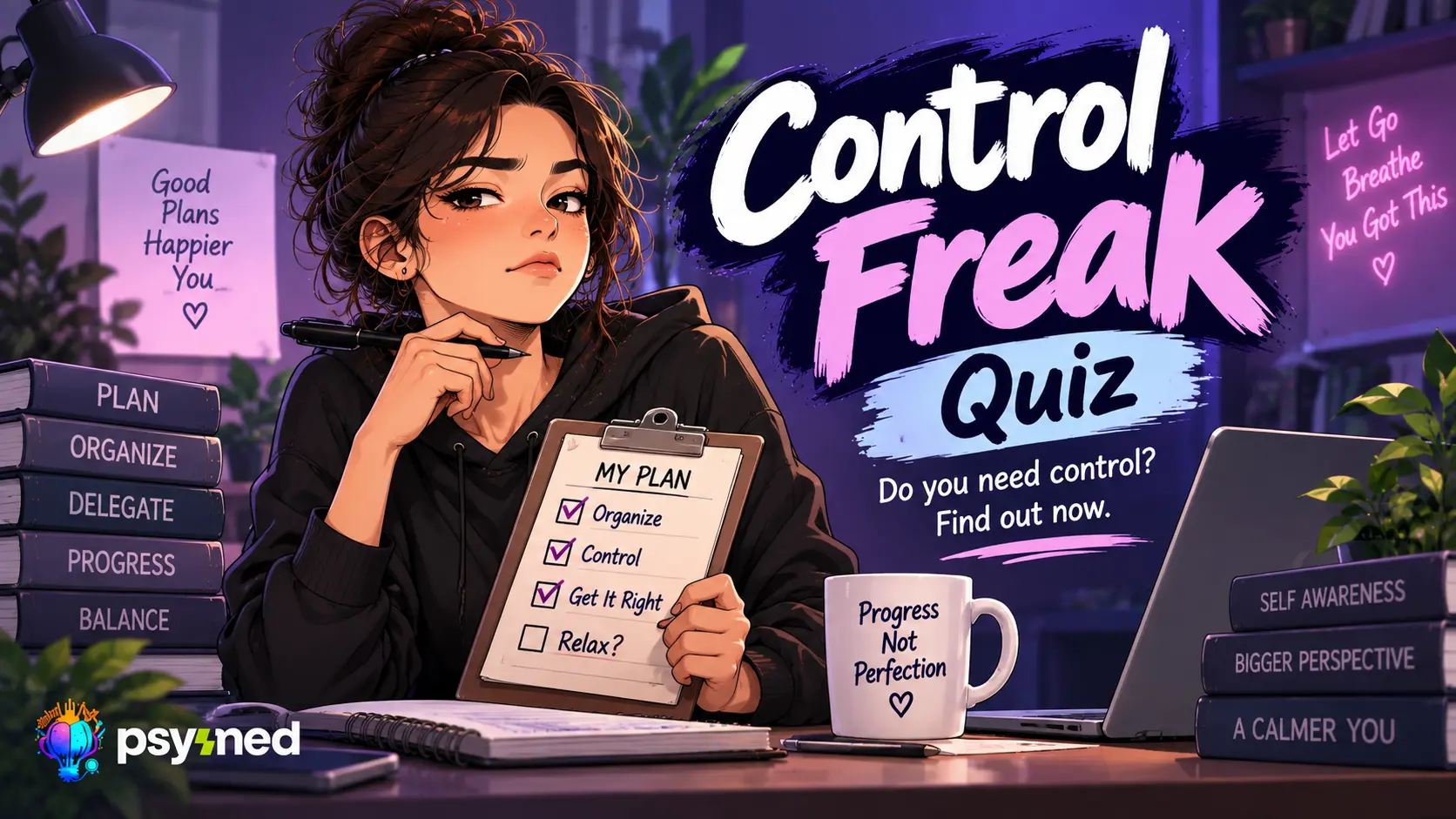 Control Freak Quiz illustration showing a woman holding a detailed checklist, representing perfectionism, planning, and the need for control