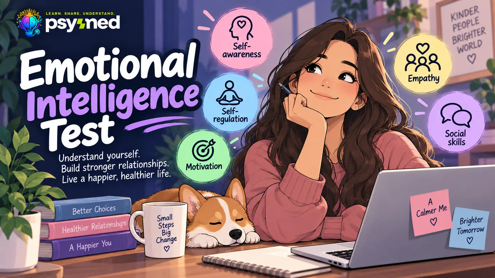 Emotional Intelligence - EQ Test illustration showing self-awareness, self-regulation, motivation, empathy, and social skills.