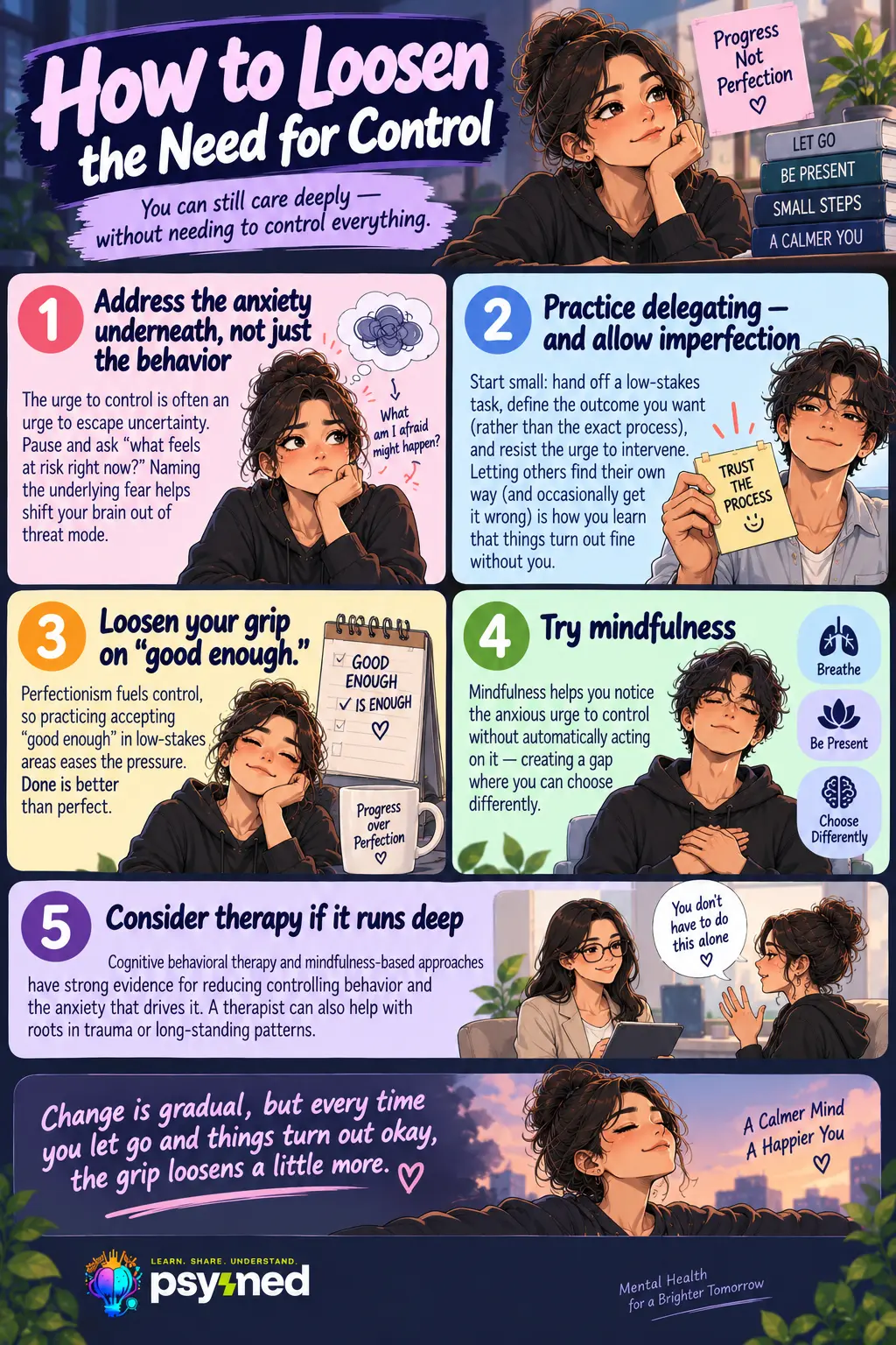 How to loosen the need for control infographic showing five ways to manage controlling behavior, anxiety, perfectionism, and the need for control