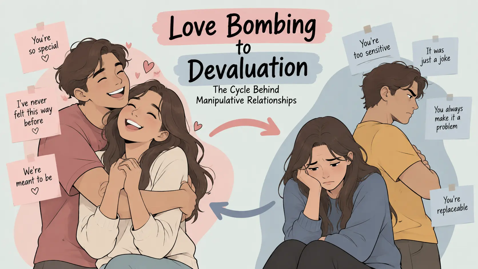 Love bombing to devaluation cycle in a manipulative relationship