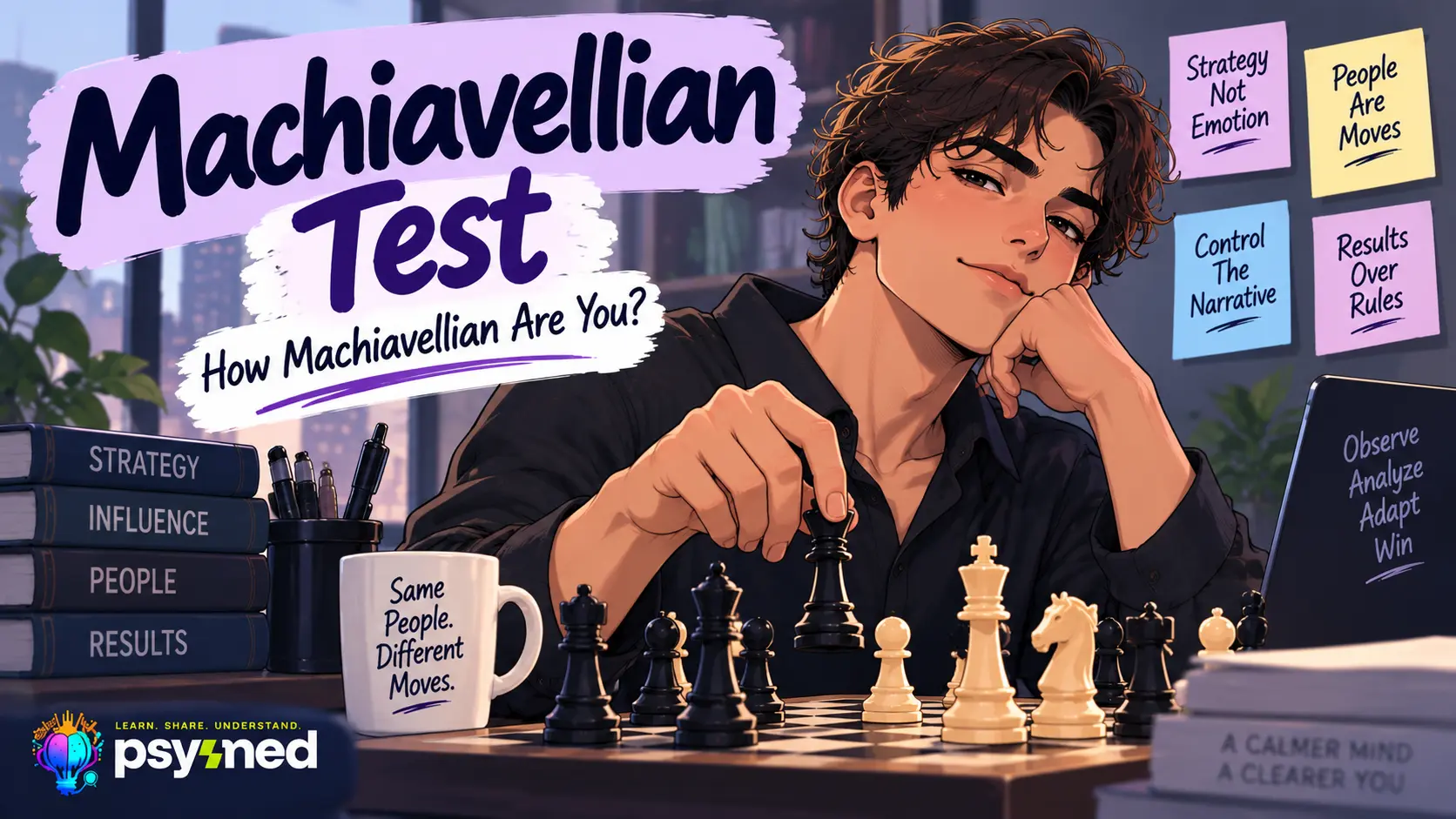 Machiavellian Test illustration showing a strategic person playing chess, representing manipulation, calculated thinking, cynicism, and self-interest