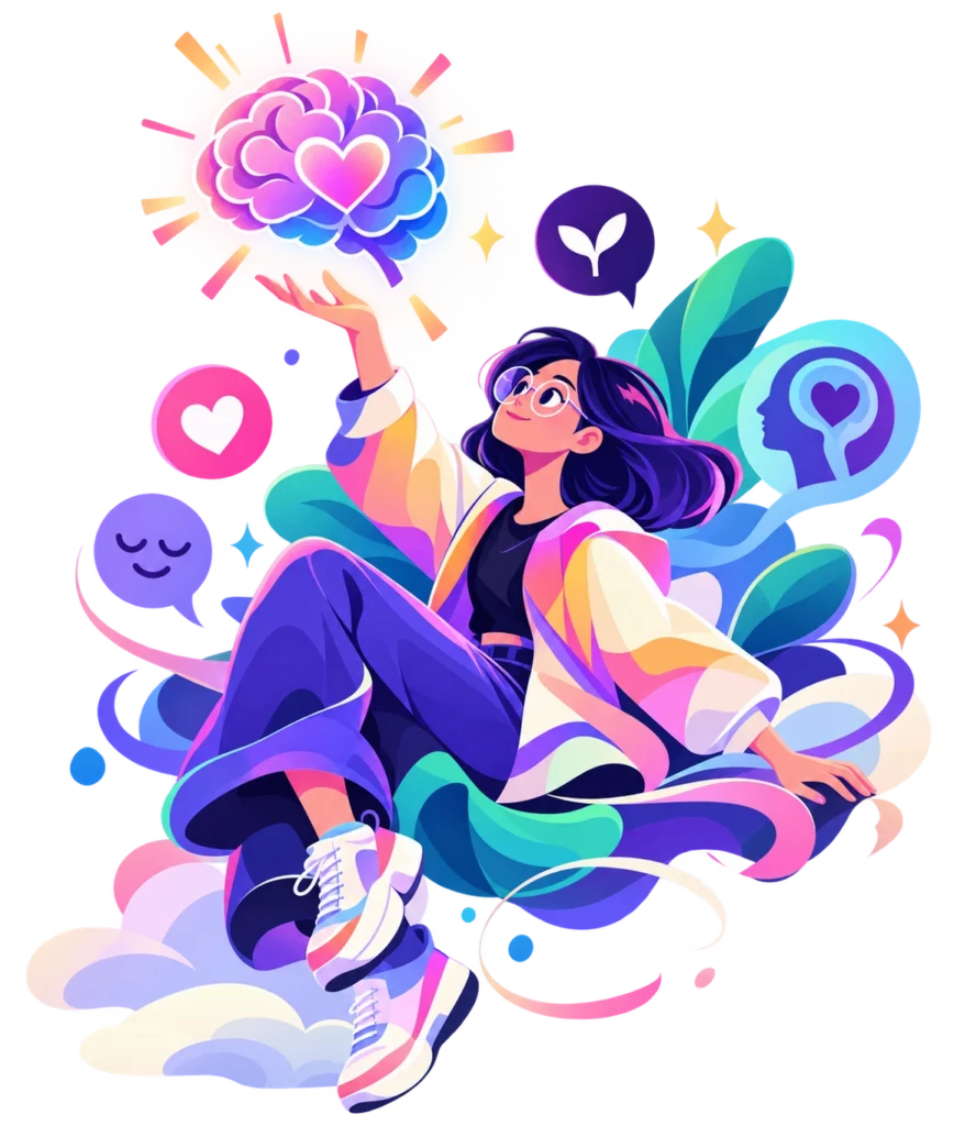 Illustration of a person reclining with a glowing heart-shaped brain and wellbeing symbols