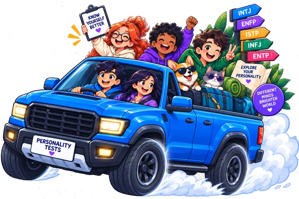 Illustration of friends driving a truck with personality type signposts