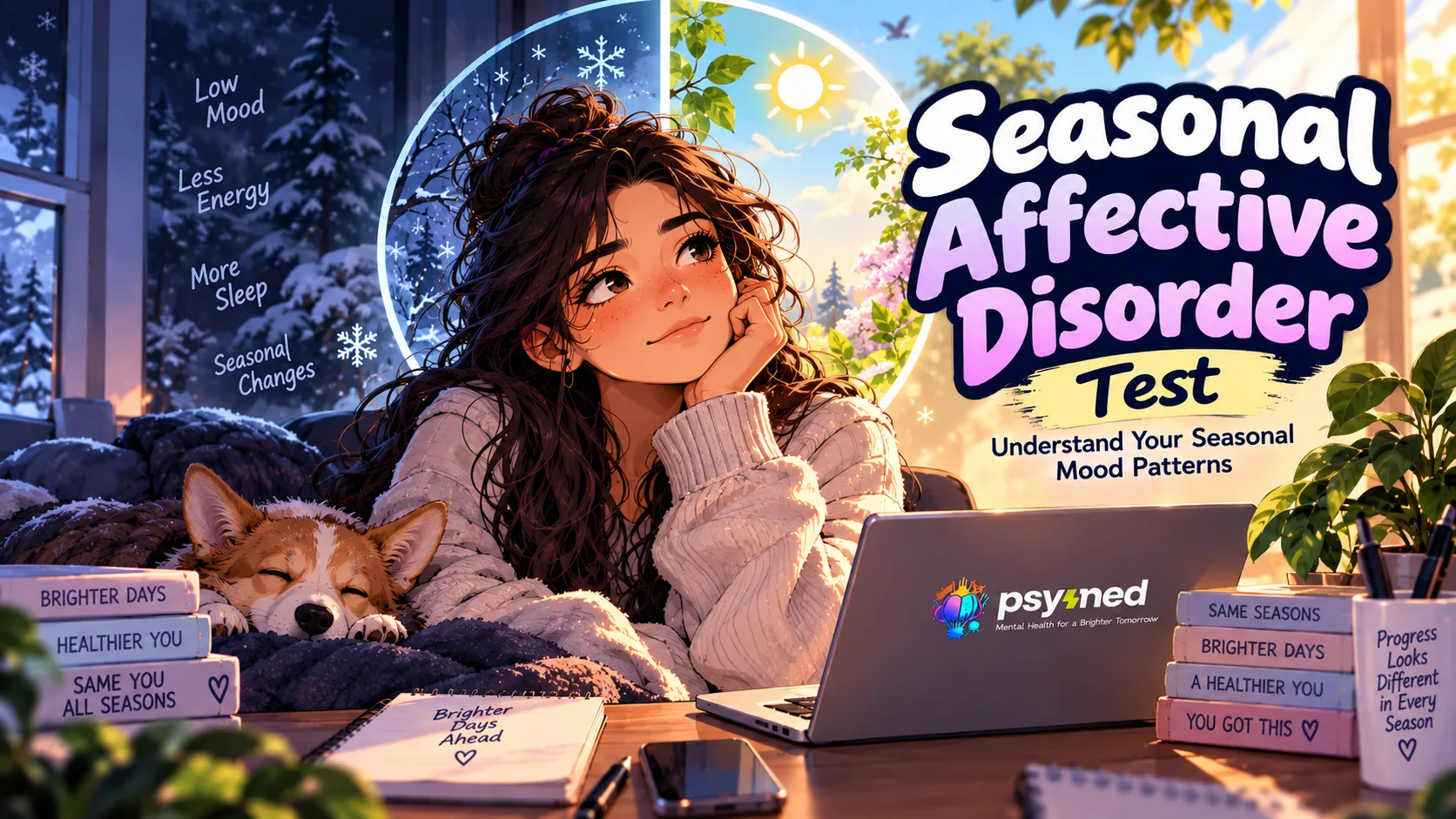 Seasonal Affective Disorder Test illustration showing seasonal mood changes, low energy, oversleeping, and winter depression symptoms