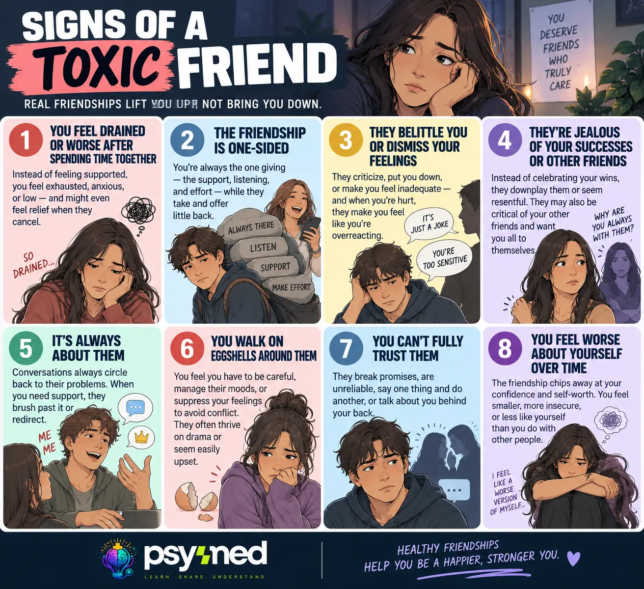 Signs of a toxic friend infographic showing one-sided friendship, jealousy, distrust, emotional exhaustion, and low self-esteem