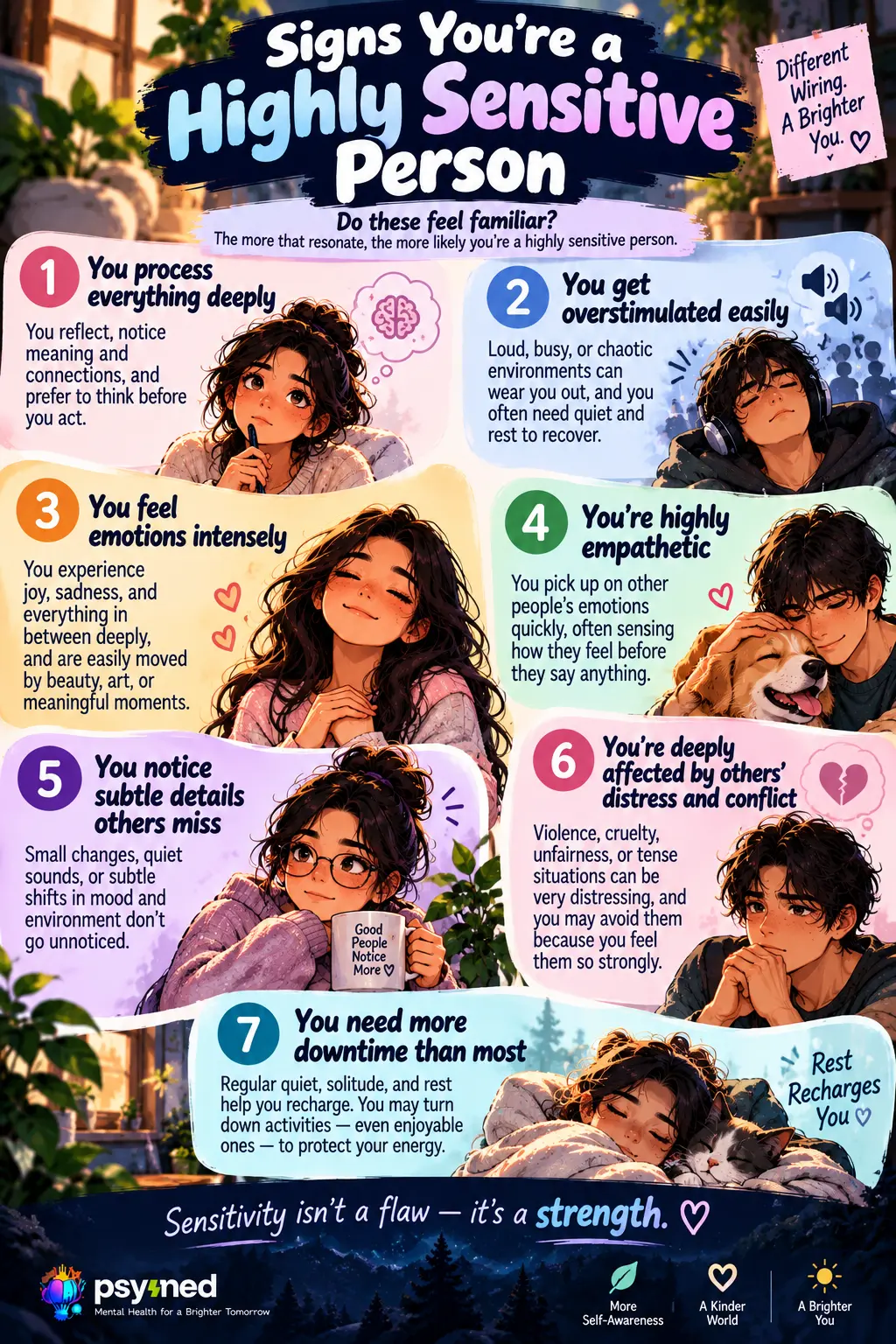 Signs of a highly sensitive person, including deep emotions, empathy, overstimulation, and need for downtime