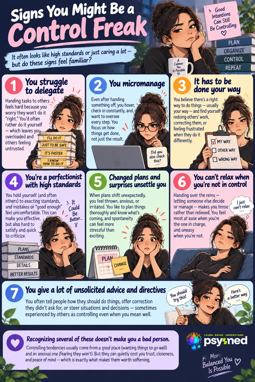 Signs you might be a control freak infographic showing micromanaging, perfectionism, difficulty delegating, and discomfort with giving up control