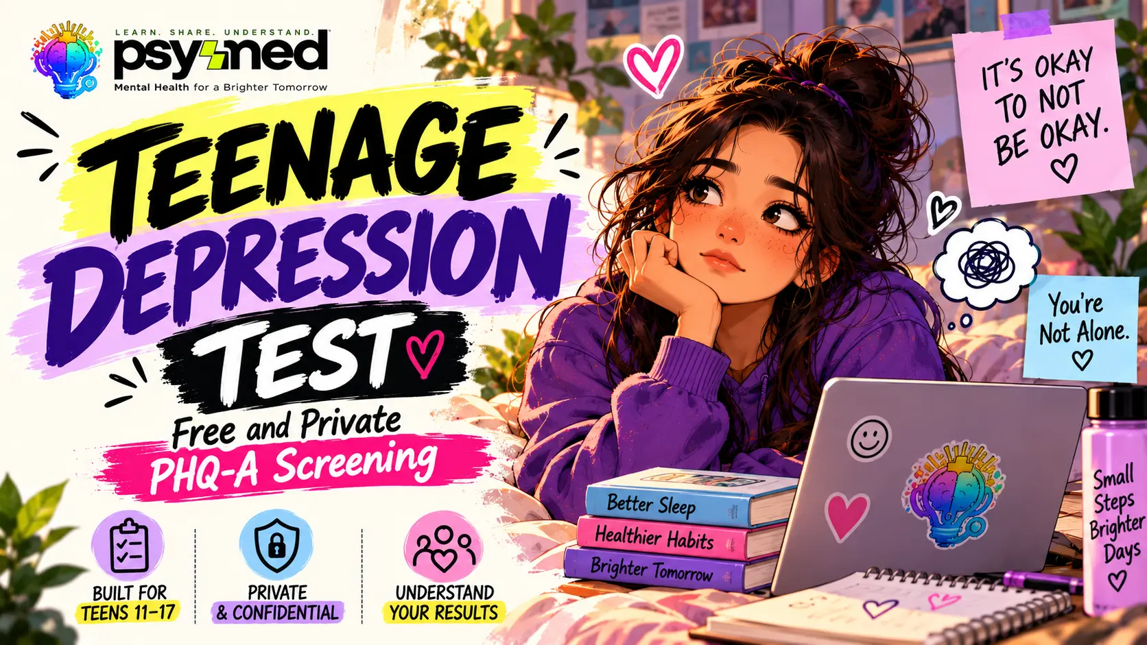 Teenage Depression Test featuring a teen with information about free and private PHQ-A screening