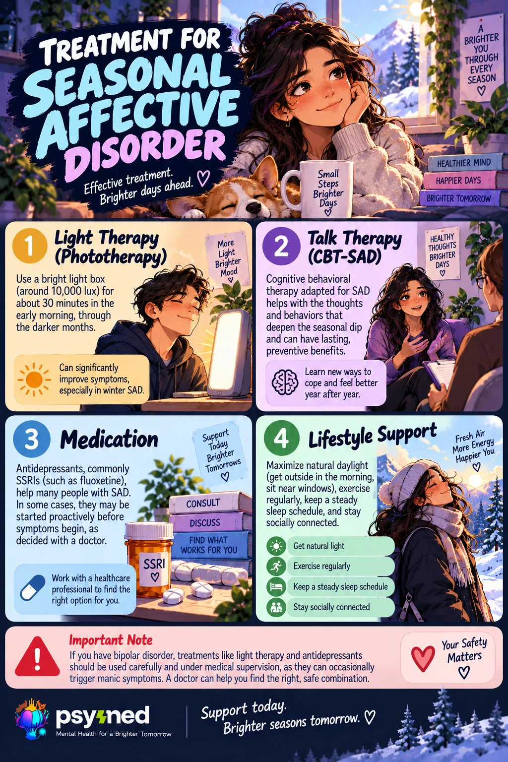 Infographic showing treatments for seasonal affective disorder