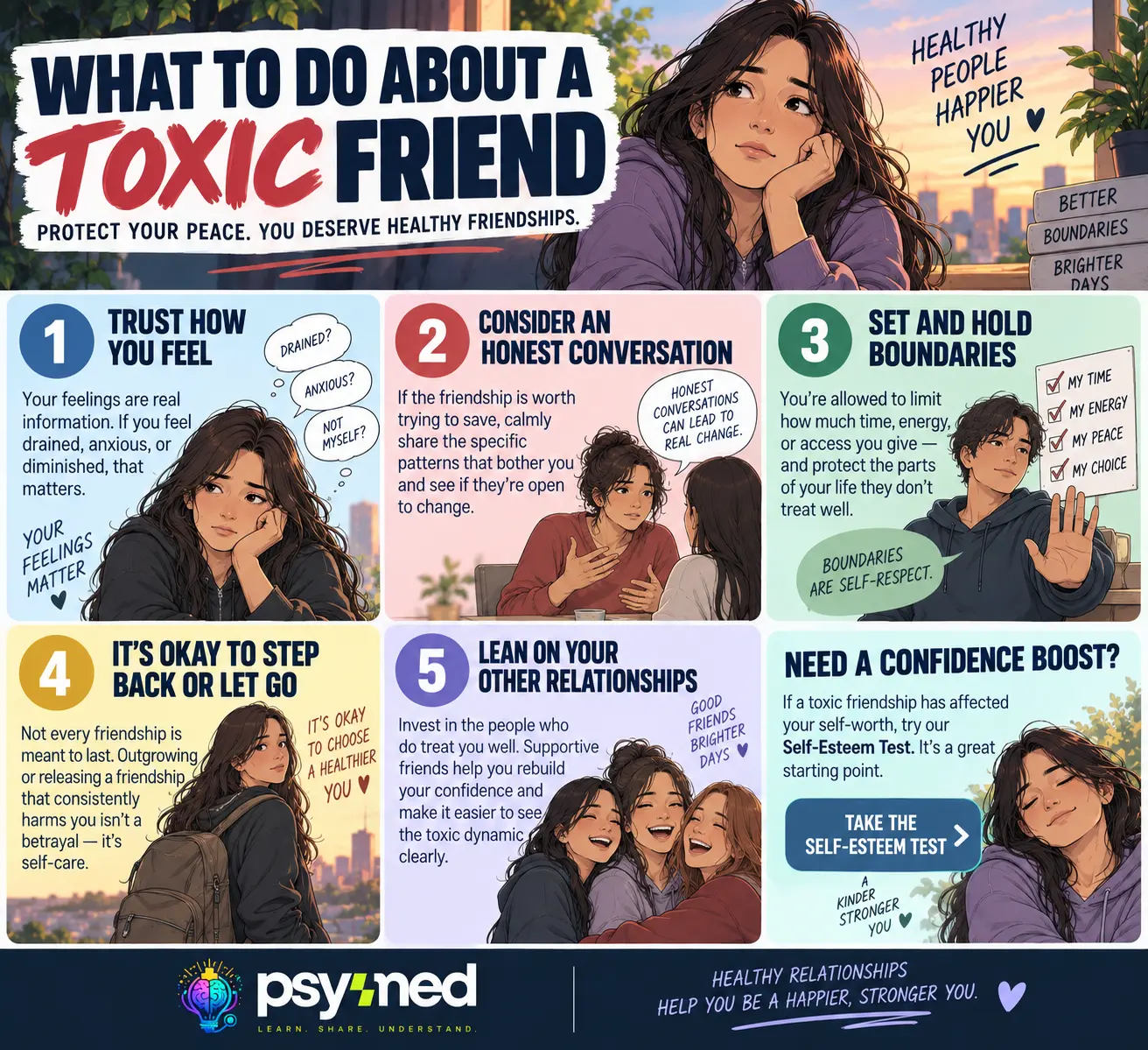 Toxic friend advice infographic showing boundaries, honest communication, self-care, and healthy friendships