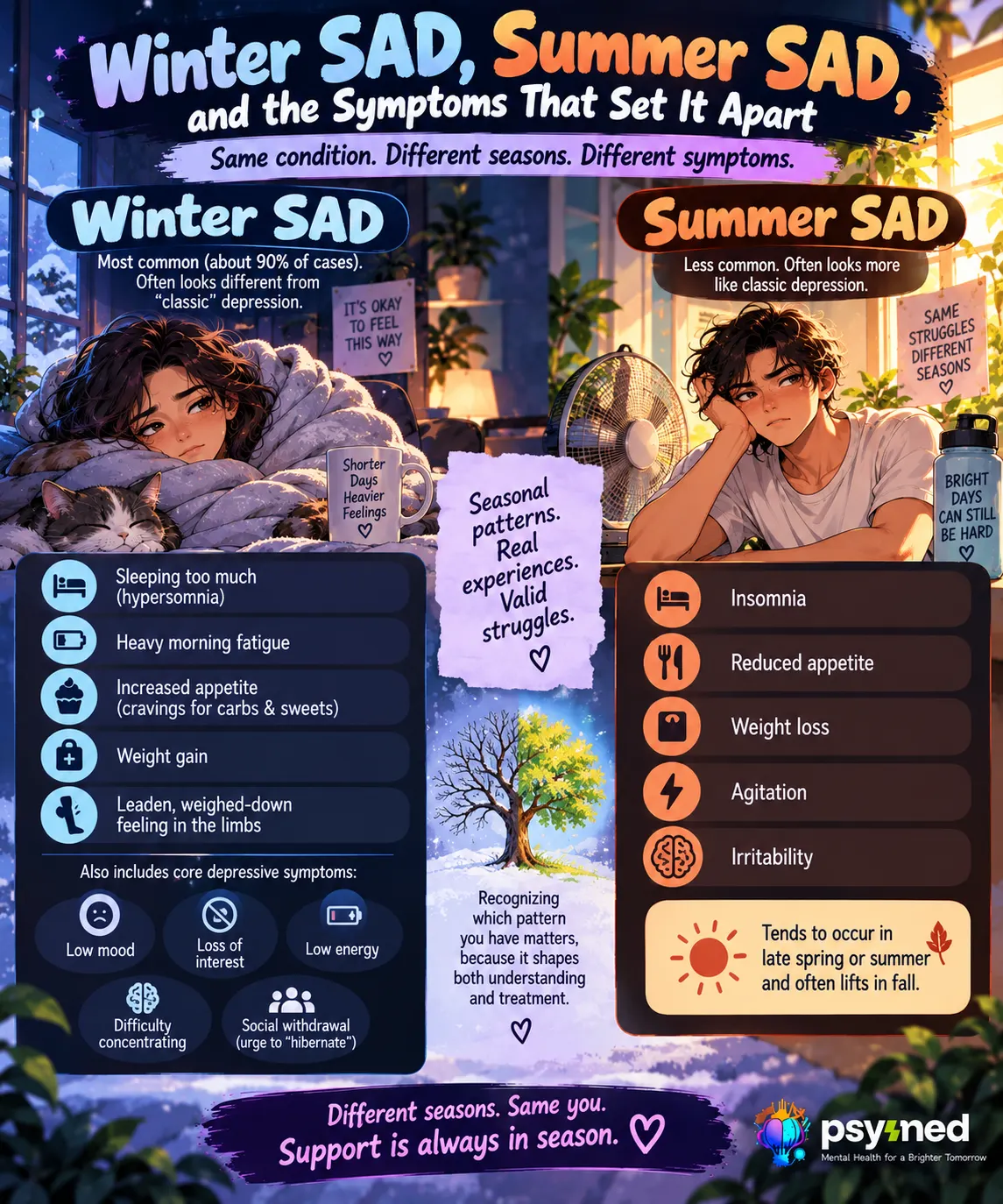 Seasonal Affective Disorder treatment infographic showing light therapy, CBT-SAD, medication, and lifestyle support