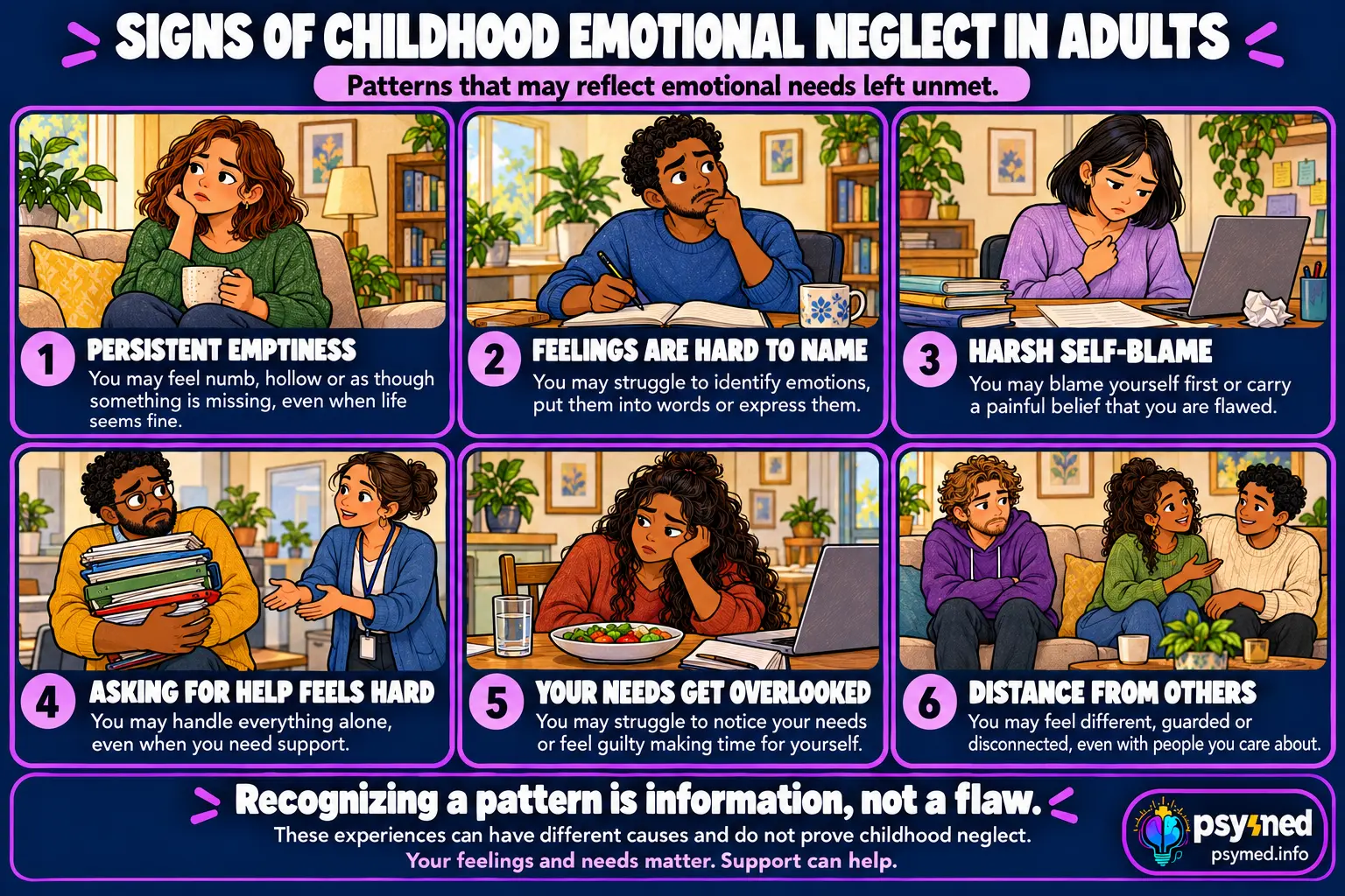 Six possible signs of childhood emotional neglect in adults, including emptiness, difficulty naming feelings, self-blame, self-reliance, overlooked needs, and disconnection