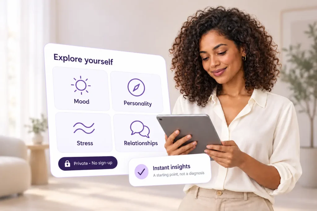 A woman holding a tablet beside a PsyMed test panel headed Explore yourself, showing Mood, Personality, Stress and Relationships categories, a Private, no sign-up badge and an Instant insights note reading a starting point, not a diagnosis