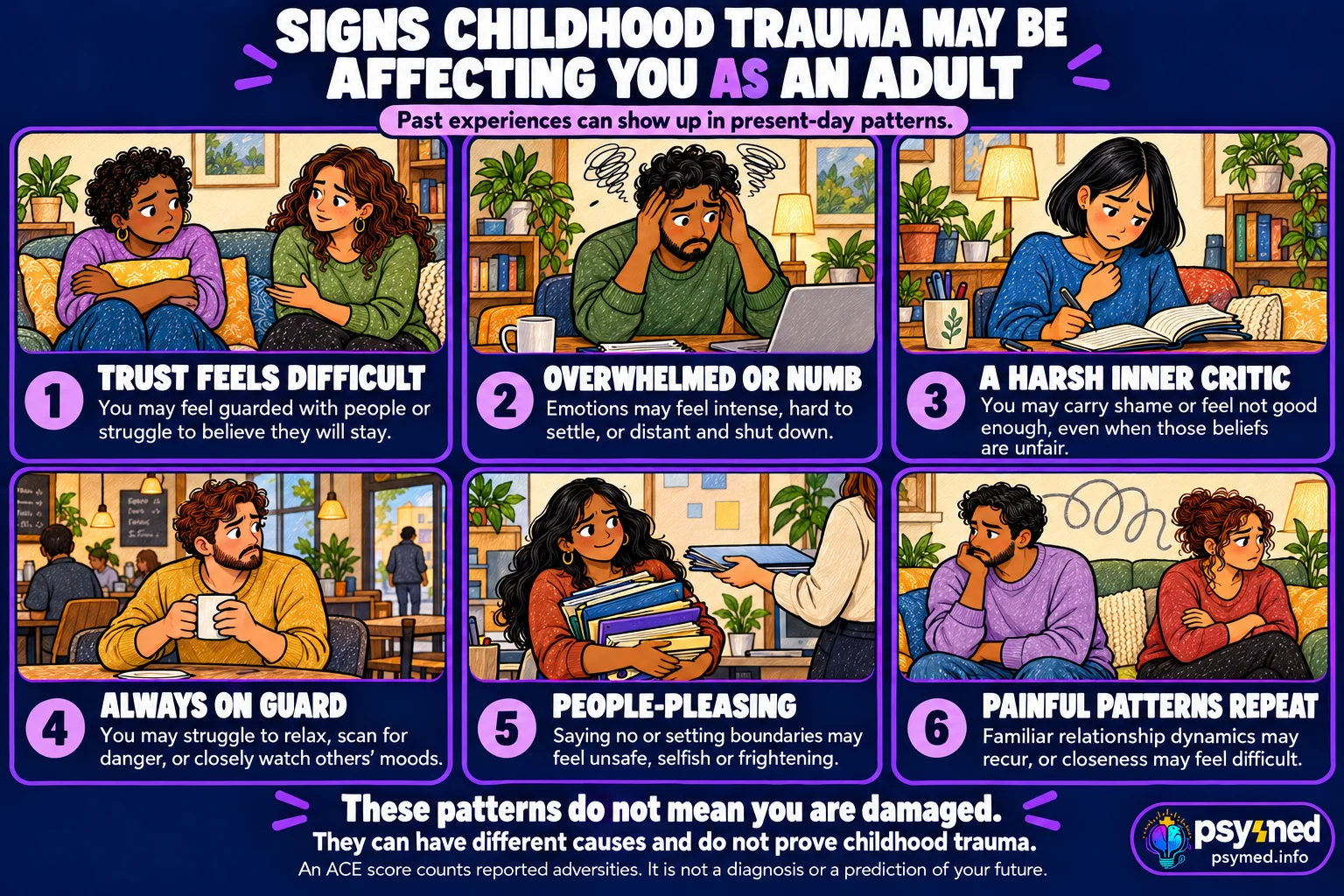 Six ways childhood trauma may affect adults, including trust difficulties, overwhelming emotions, shame, hypervigilance, people-pleasing, and recurring relationship patterns
