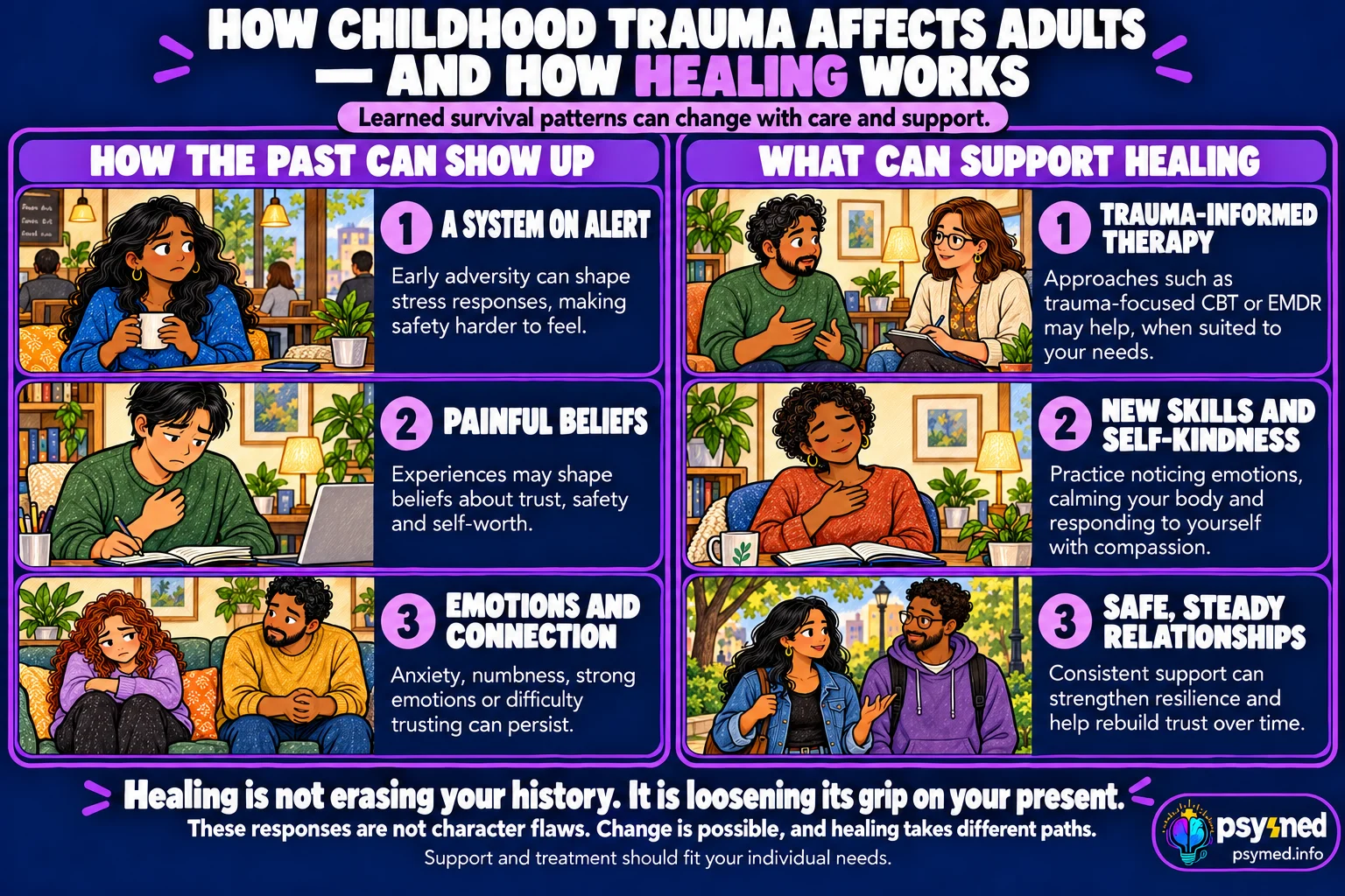 How childhood trauma can affect adults and how therapy, self-compassion, and supportive relationships can help healing