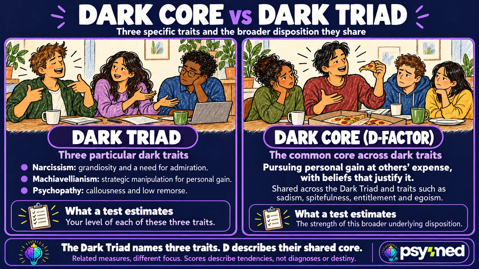 Dark Core vs Dark Triad infographic comparing three specific dark traits with the broader D-factor and what each test measures